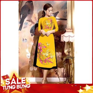 Áo dài cách tân in họa tiết đào chim cao cấp - KHÔNG KÈM VÁY