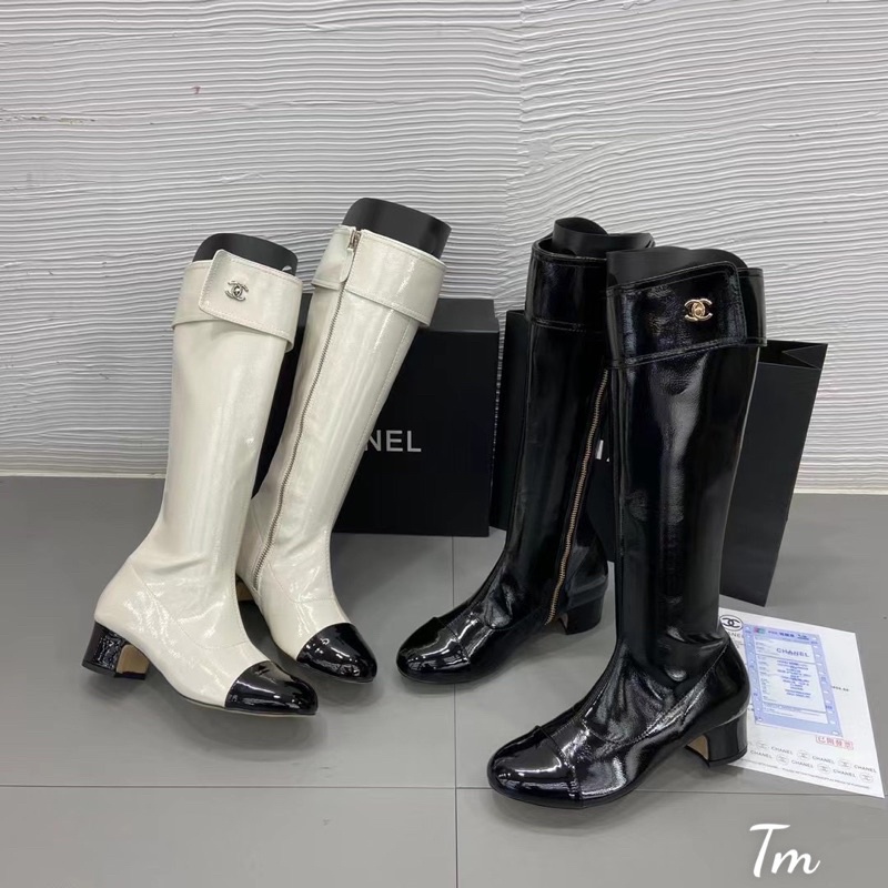 boots nữ cổ cao gót vuông 5cm bốt da bóng gối boot chànel mũi tròn (fullbox Bill túi)