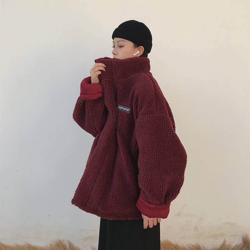 Áo Khoác cotton Giả Lông Cừu Lót Nhung Dáng Rộng Cổ Đứng Phong Cách Hàn Quốc