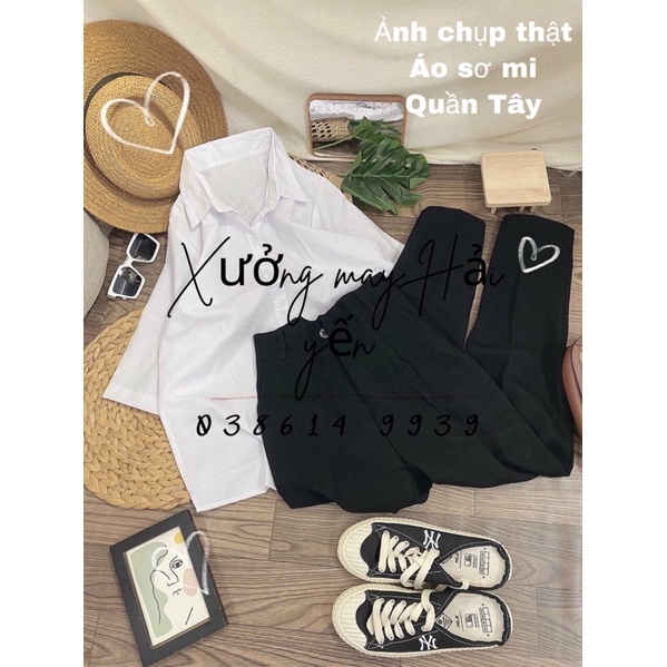 Sét đồ nữ công sở - Đi học , Áo sơ mi tay lỡ phối quần Baggy Tây lưng cao mã 009