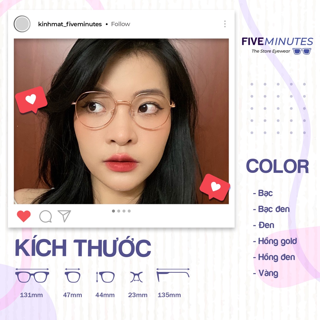 Gọng kính nam nữ, kim loại mảnh nhẹ nhiều màu dễ đeo 5286 Siêu hot - Kính Mắt Five Minutes