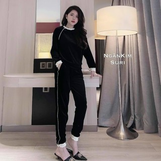 Bộ đồ nữ thu đông nhung phối viền chun bèo mềm mịn
