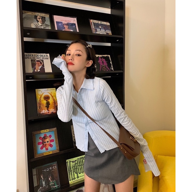 Urihouse - Áo sơ mi dài tay loe dáng ôm kẻ ô caro trắng xanh patel dáng lửng