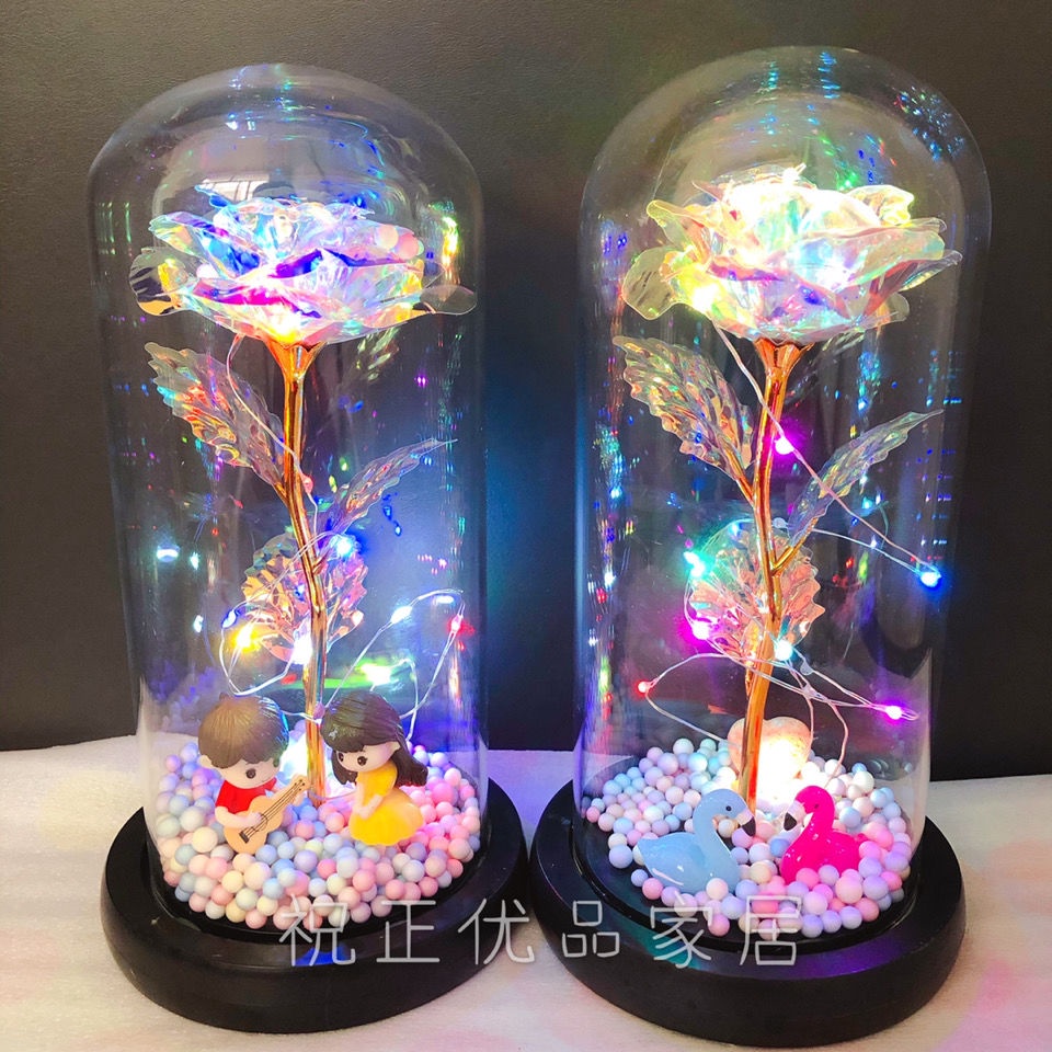 ❍☾Tanabata Ngày lễ tình nhân Bạn gái Chàng trai Quà tặng Đèn che thủy tinh Hoa vĩnh cửu Hoa hồng phát sáng Món quà cặp đ