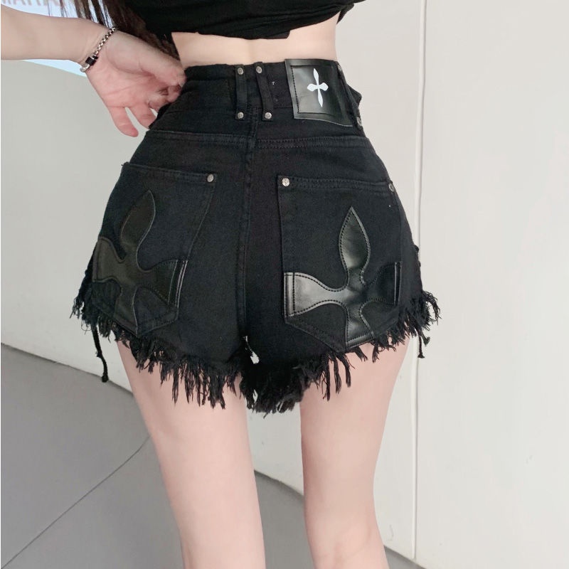 Quần jean đùi nữ đen chữ a tua rua thời trang mùa hè cho nữ