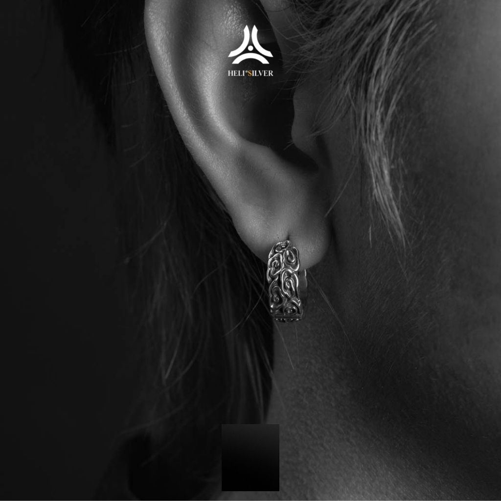 Khuyên tai bạc nam, nữ HeliSilver Hoa Văn 12mm S925 KTB308