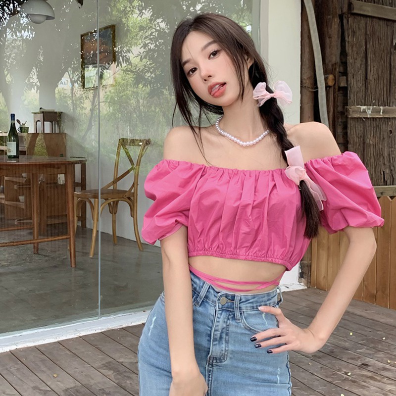 Áo Crop Top Tay Ngắn Trễ Vai Màu Sắc Trơn Phong Cách Hàn Quốc Quyến Rũ Dành Cho Nữ