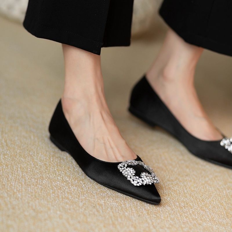 Giày Búp Bê Mũi Nhọn Bằng Satin Đính Đá Size 33-44 Thời Trang Cho Nữ Dự Tiệc Cưới