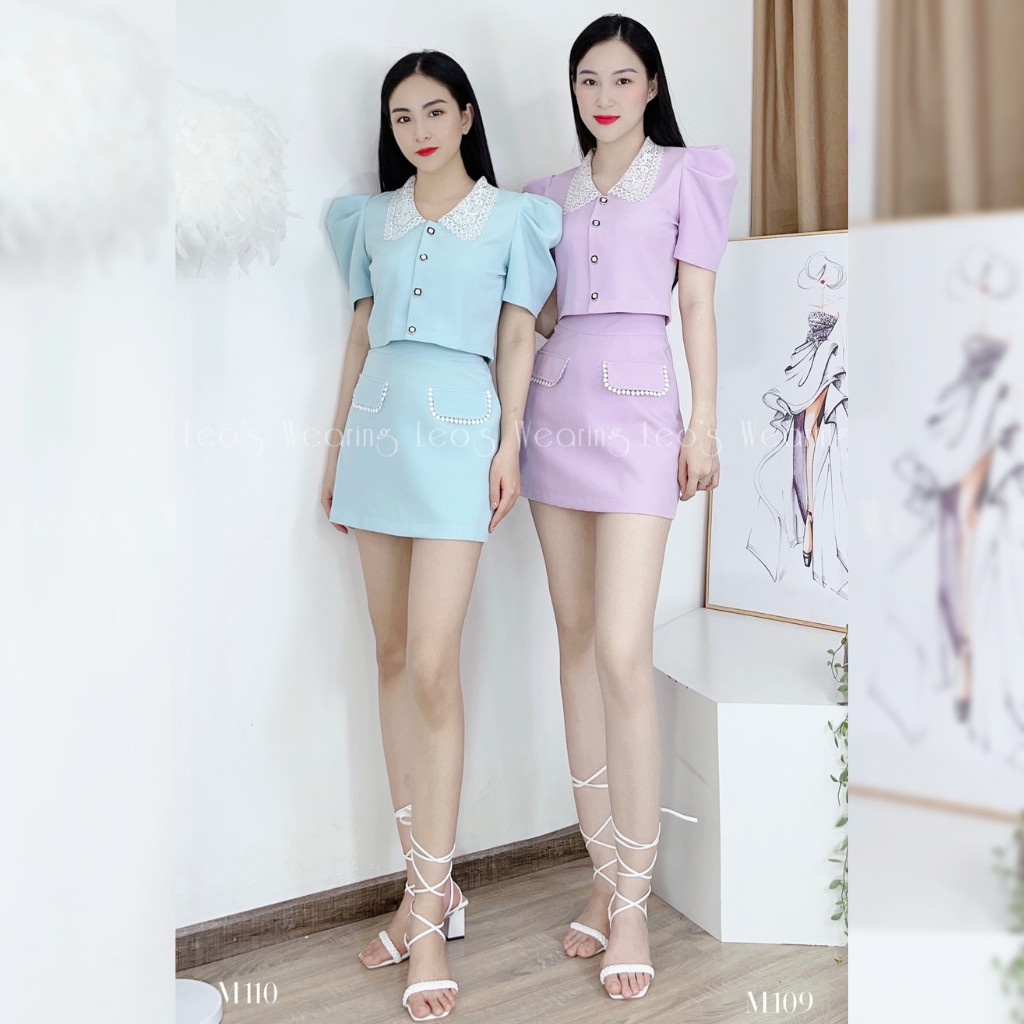 Set váy dáng ngắn chân váy chữ A mix áo sơ mi croptop cổ viền ren LEOSWEARING M109 M110