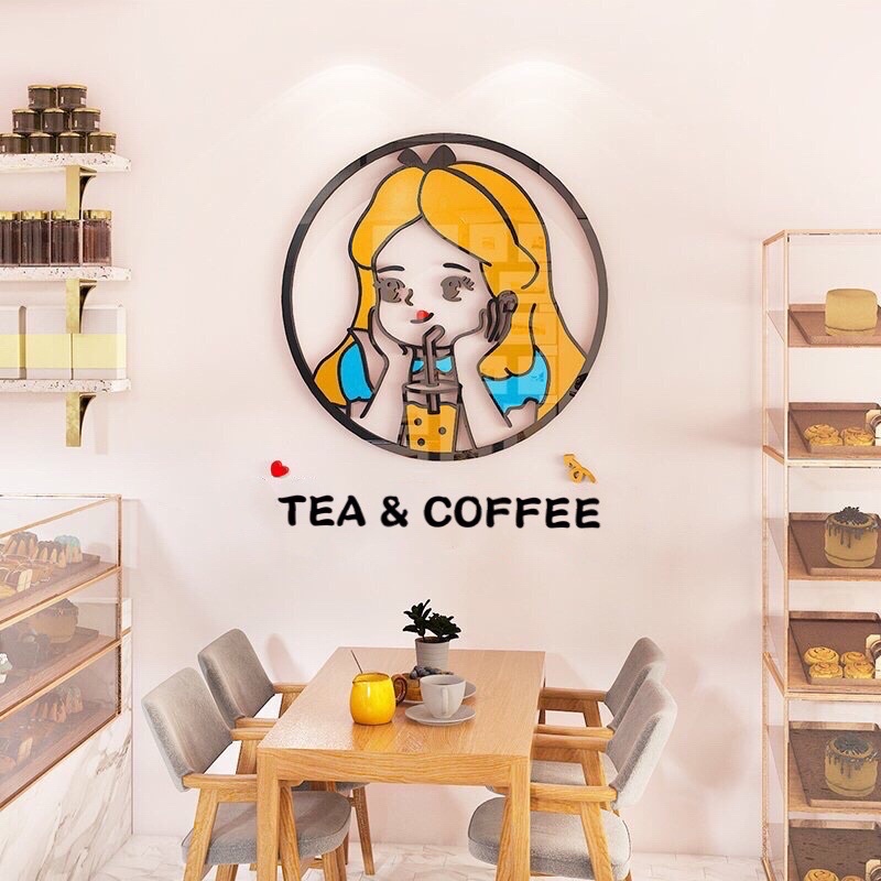 Tranh dán tường mica cô gái tóc vàng trang trí quán cafe, trà sữa