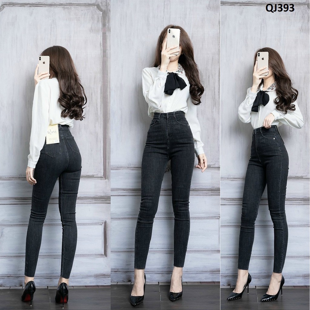 Quần jeans lưng siêu cao Hack chân lai cắt QJ393
