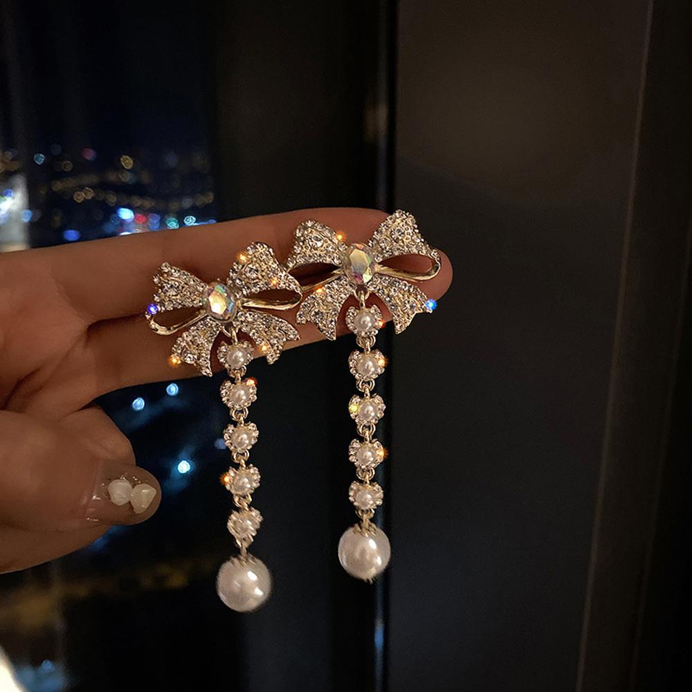 QQMALL Đôi Bông Tai Dáng Dài Phối Nơ Thời Trang Thanh Lịch Cho Nữ