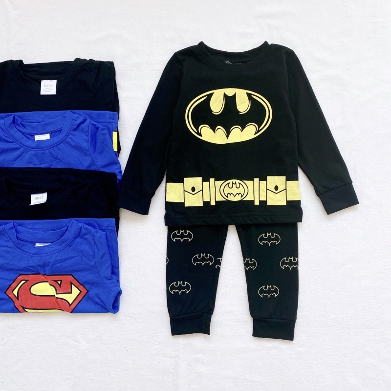 Set 2 bộ cotton dài tay cho bé trai in hình batman đen xanh cho bé từ 10-24 cân