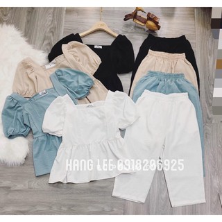 Đồ bộ nữ set quần ống rộng lỡ áo cổ vuông tay bồng đồ đi chơi siêu đẹp