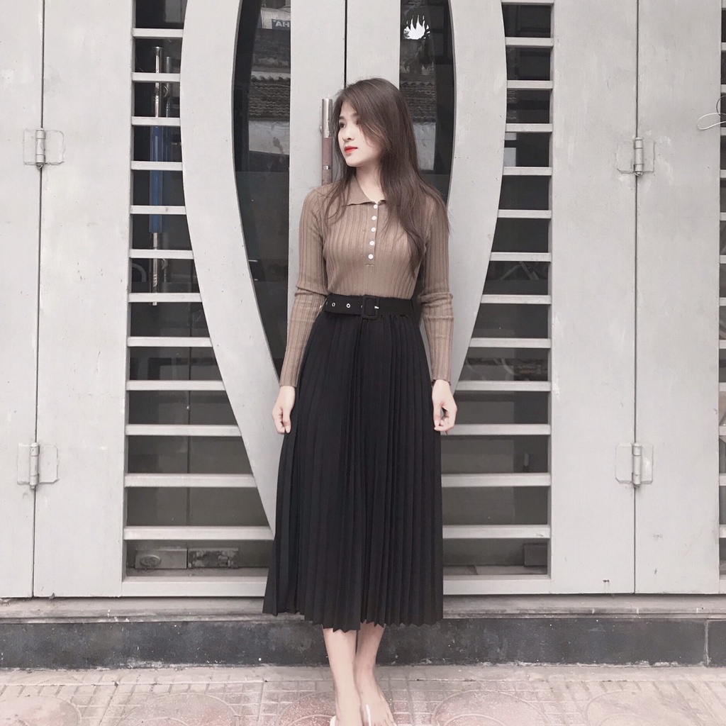 Chân Váy Dài Xếp Ly Kèm Đai Cao Cấp