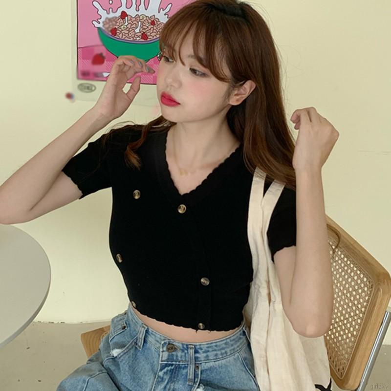 Áo Thun Dệt Kim Tay Ngắn Cổ Chữ V Màu Trơn Phong Cách Hàn Quốc