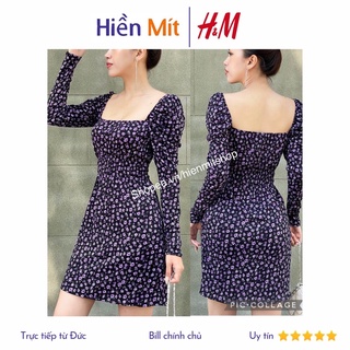 H&M Đức - Đầm váy auth new tag cao cấp chính hãng có sẵn sale cổ vuông nhún thun ngực hoa nhí đen tím HM