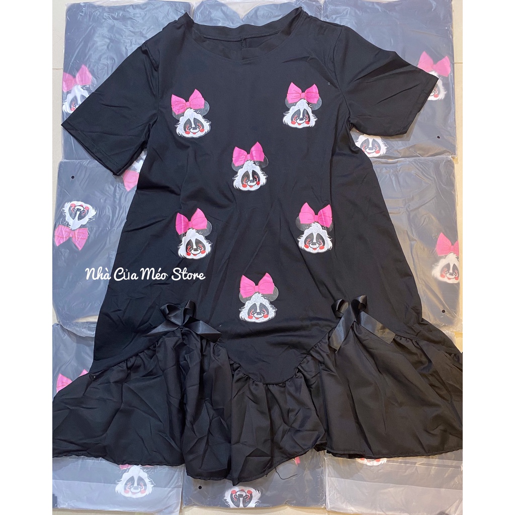 Đầm suông đen hoạ tiết gấu cute form to che khuyết điểm cơ thể
