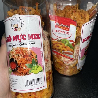 Khô mực mix 3 vị mực xé sợi hấp dừa, mực sốt chanh toyum, mực bơ tỏi 300gr hũ 1000ml luckyfood