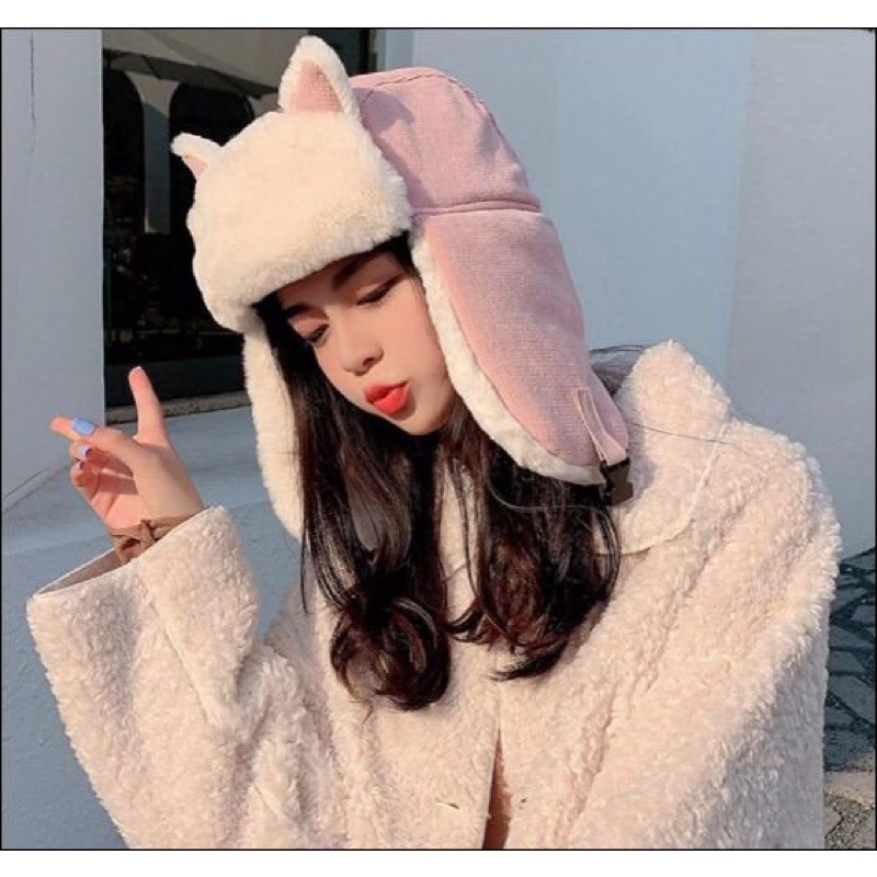 Mũ tai mèo phối lông ấm áp dễ thương phong cách Hàn Quốc giữ ấm tai và đầu- chỉ còn màu hồng
