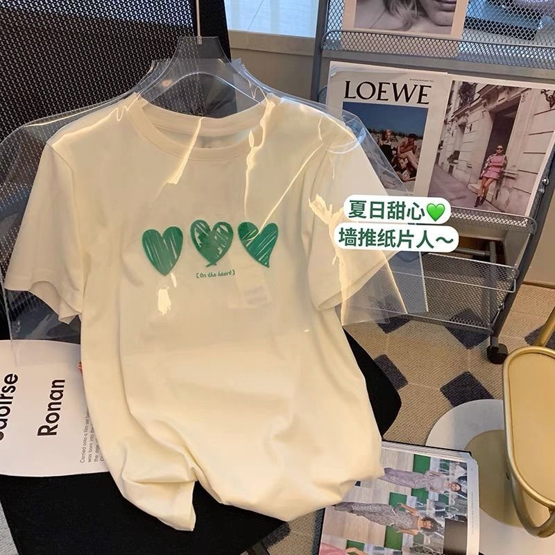 Áo Thun Cotton Ngắn Tay Thêu Họa Tiết Trái Tim Xinh Xắn Dành Cho Nữ