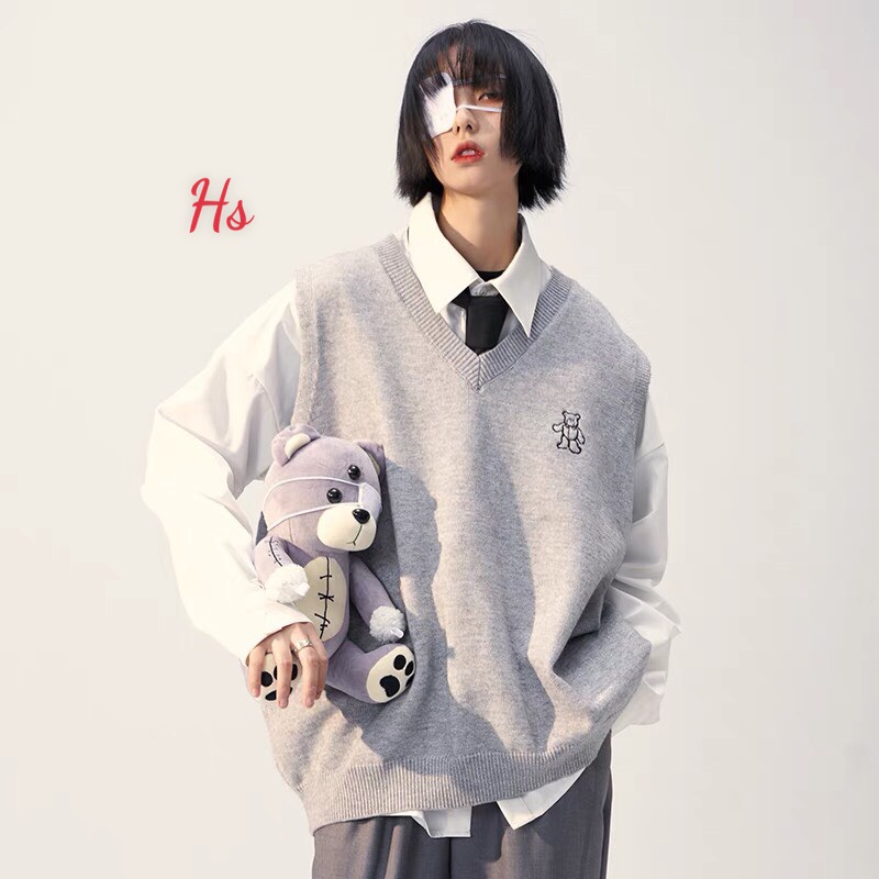 Áo gile cổ tim thêu hình gấu LOIX mã 844