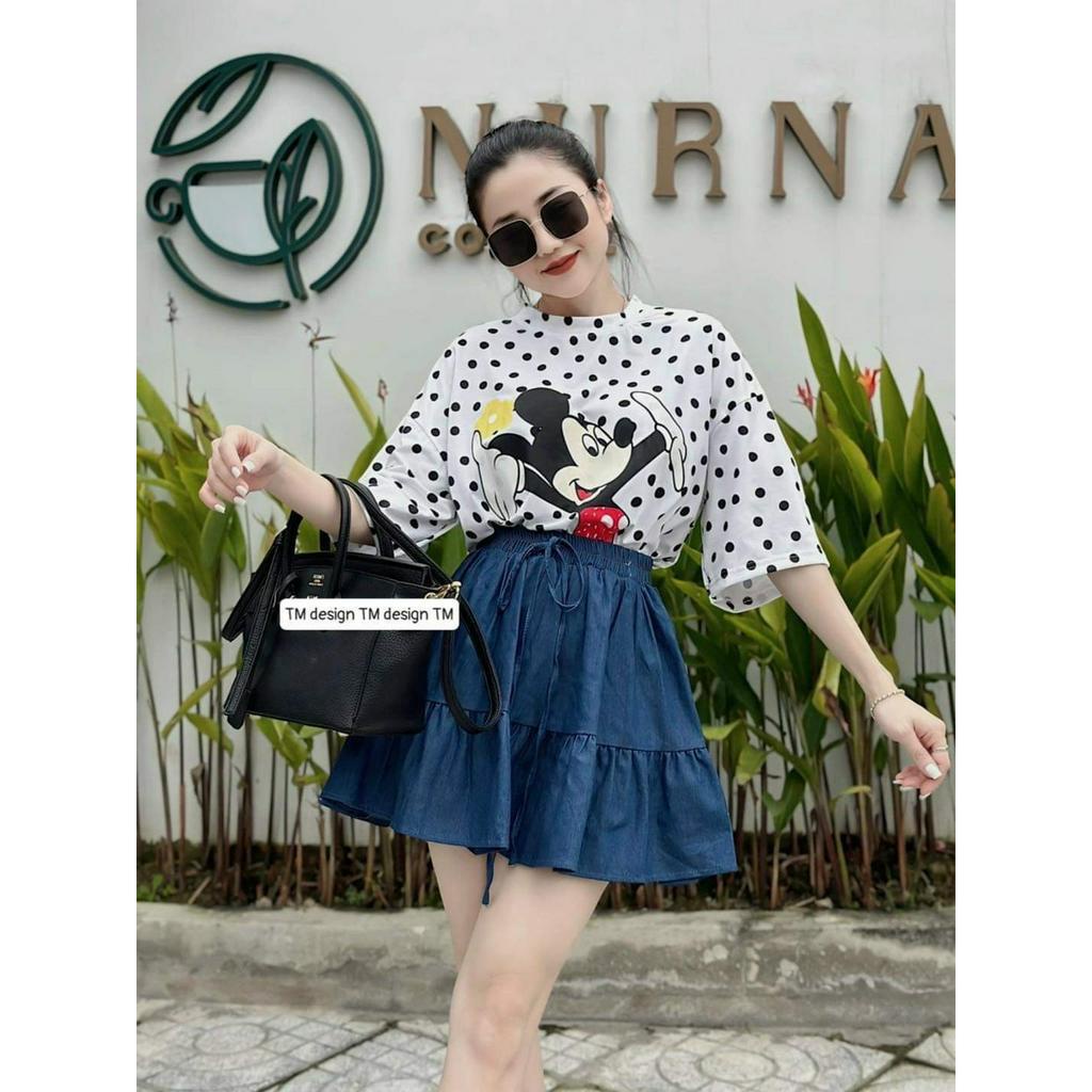 Set Bộ Đồ Nữ Áo Phông Chấm Bi Mickey Mix Chân Váy Bò Giấy Xòe Dáng Ngắn Freesize