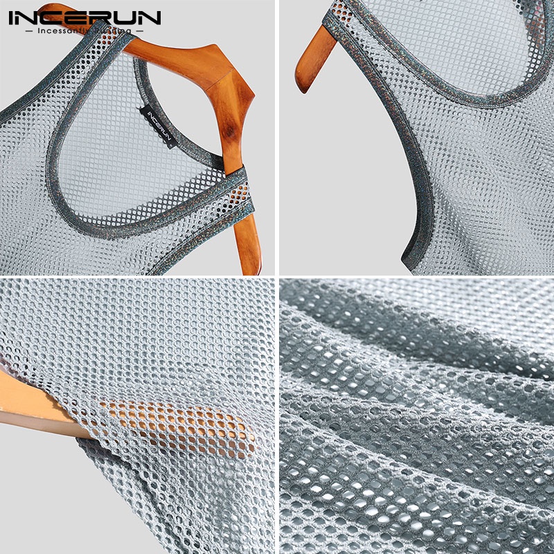 Áo tanktop INCERUN sát nách dáng rộng phối lưới thoáng khí thời trang đi biển dành cho nam