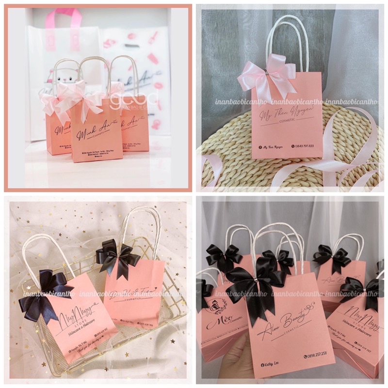 100 túi giấy Hồng đào in logo theo yêu cầu  - Túi giấy in đựng mỹ phẩm, đựng quần áo