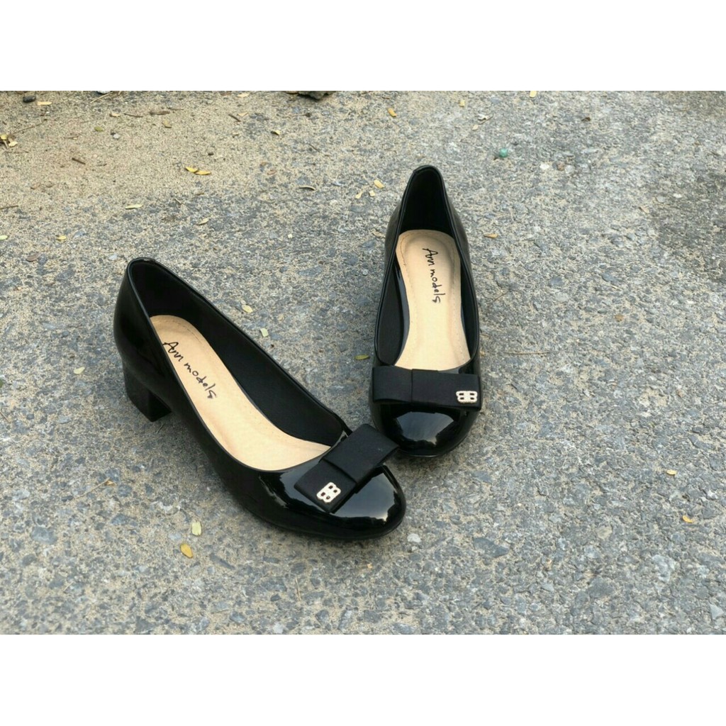 Giày cao gót mũi tròn gót vuông 3 phân gắn nơ BB_893BB