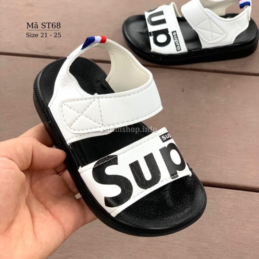 Giày sandal bé trai quai ngang Super trắng da mềm siêu nhẹ dép quai hậu dán tiện dụng cho trẻ em tập đi 1 2 3 tuổi ST68