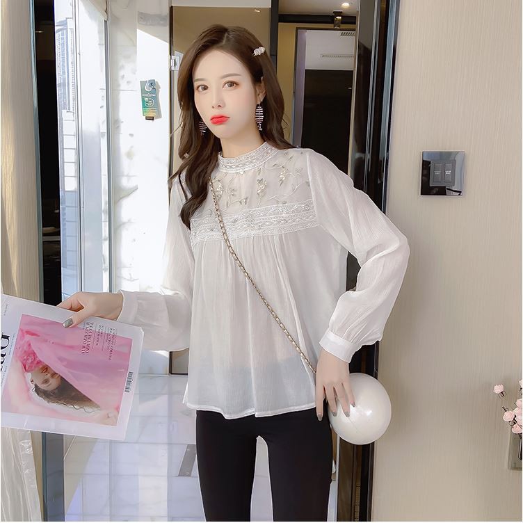 Áo sơ mi thêu hoa nhỏ đứng cổ - áo sơ mi hàn quốc đứng cổ ren