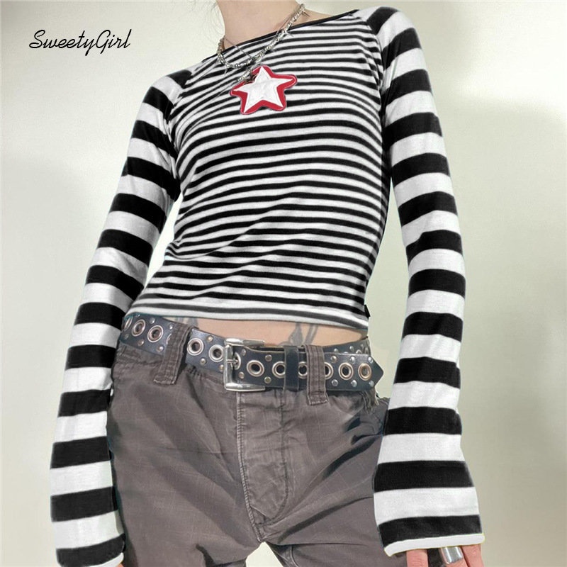 MsMona Áo Thun Tay Dài Cổ Tròn Dáng Ôm In Họa Tiết Ngôi Sao Phối Màu Tương Phản Thời Trang 2022 Cho Nữ