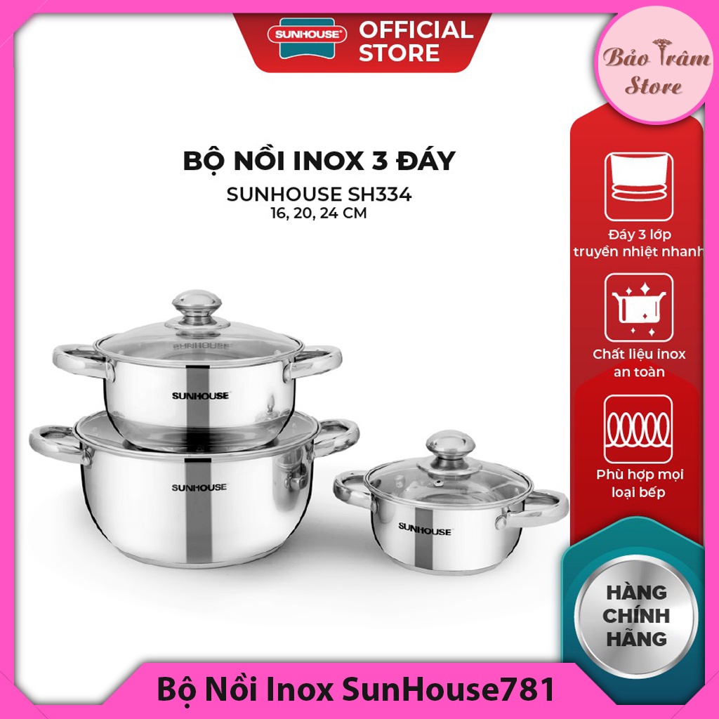 Bộ nồi inox SUNHOUSE, truyền nhiệt nhanh, tỏa nhiệt đều và giữ nhiệt tốt, tiết kiệm thời gian nấu