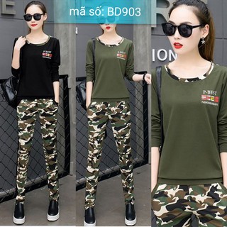 BD903 Set nguyên bộ đồ thể thao dài thu đông áo cố tròn họa tiết lính rằn ri