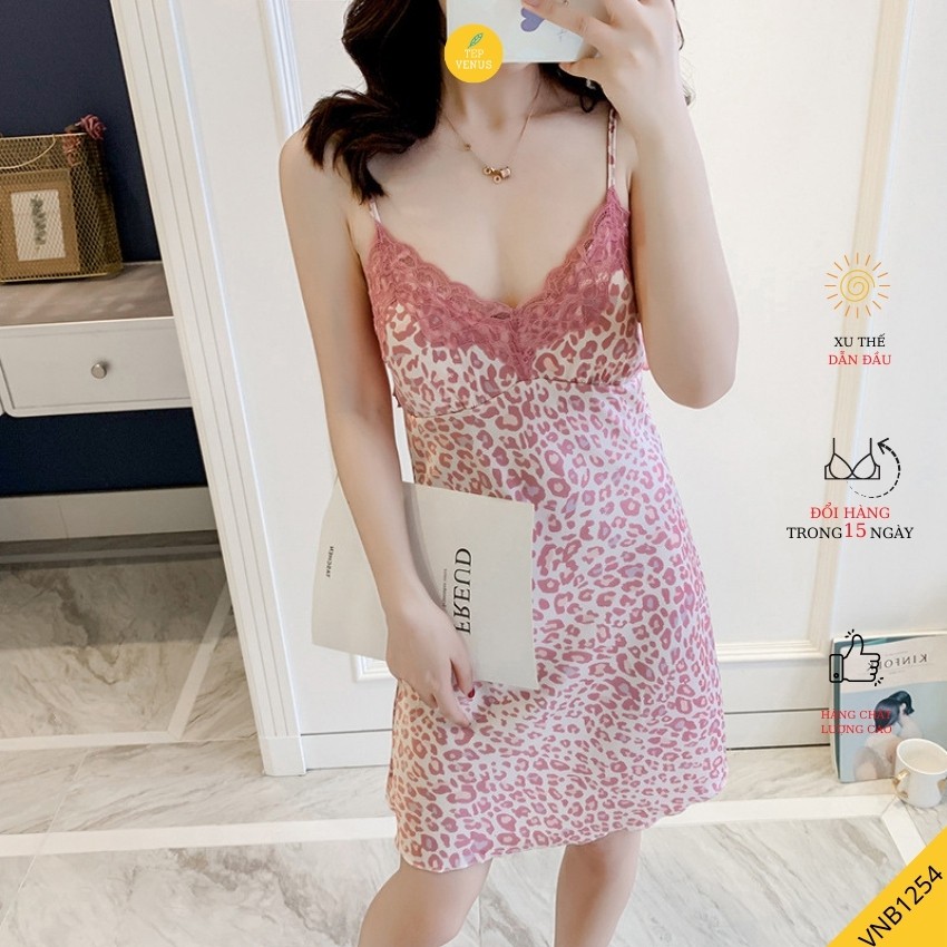 Váy Ngủ 2 Dây Lụa Báo Viền Ren Quảng Châu Cao Cấp TEP VENUS VNB1254