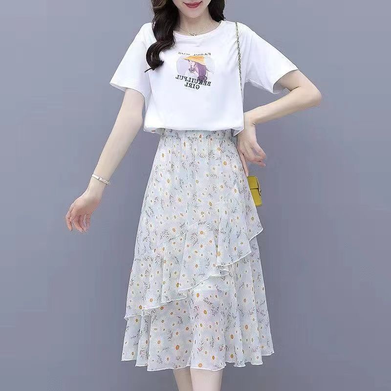 Chân Váy Voan Dài Qua Gối Lưng Thun In Họa Tiết Hoa Cúc Nhỏ Xinh Xắn Thời Trang Mùa Hè Cho Tuổi Trung Niên
