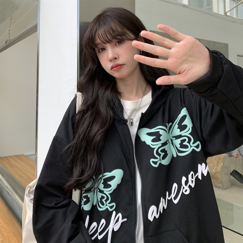 【ZHELIHANGFEI】Áo Khoác Cardigan Tay Dài Có Nón Form Rộng Theo Phong Cách Mỹ Dễ Phối Đồ