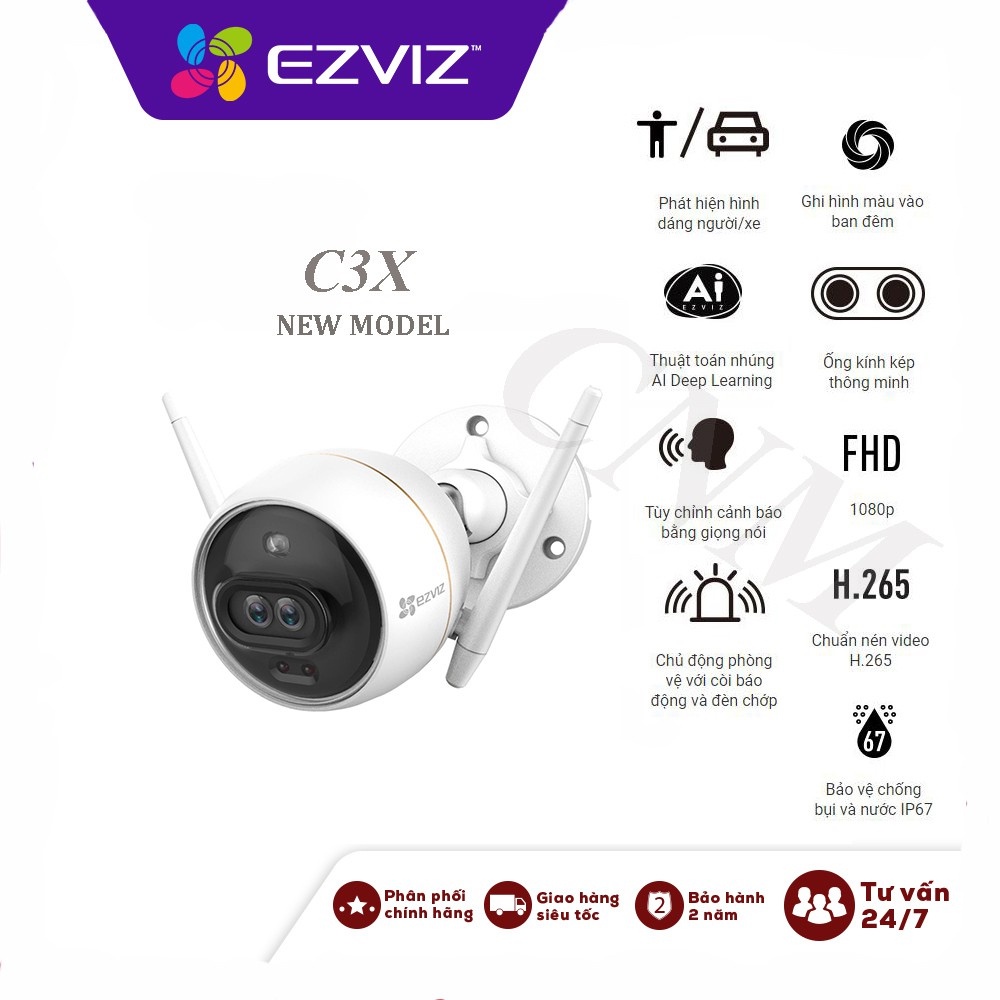 Camera IP EZVIZ C3X 2.0 Megapixel, Camera không dây ngoài trời có màu ban đêm, tích hợp AI, đèn và còi báo động