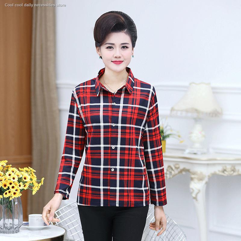 Áo sơ mi caro tay dài màu sắc tối thời trang cho phụ nữ trung niên 40-50 tuổi