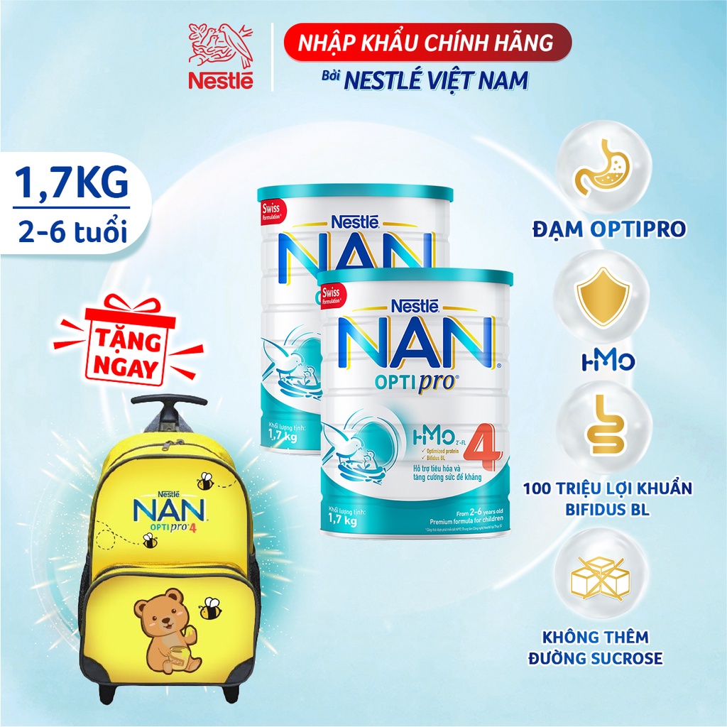 [Tặng 1 Vali Kéo Con Gấu] Combo 2 Lon Sữa Bột Nestle NAN Optipro 4 1.7kg/1.6kg/lon