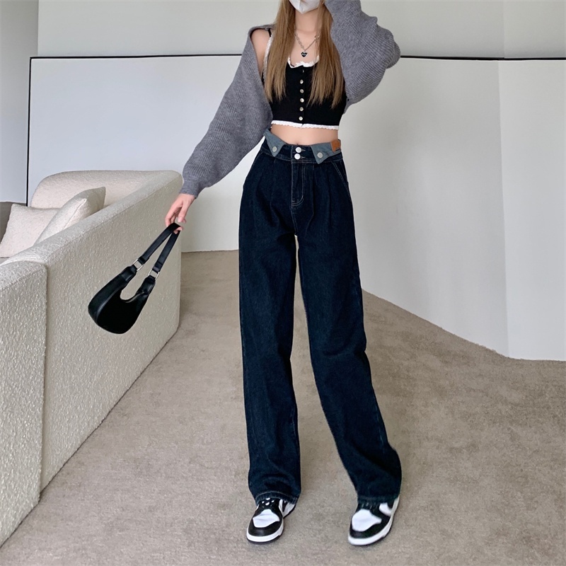 QKOOLE  Quần jean ống đứng lưng cao phong cách retro Hàn Quốc cho nữ