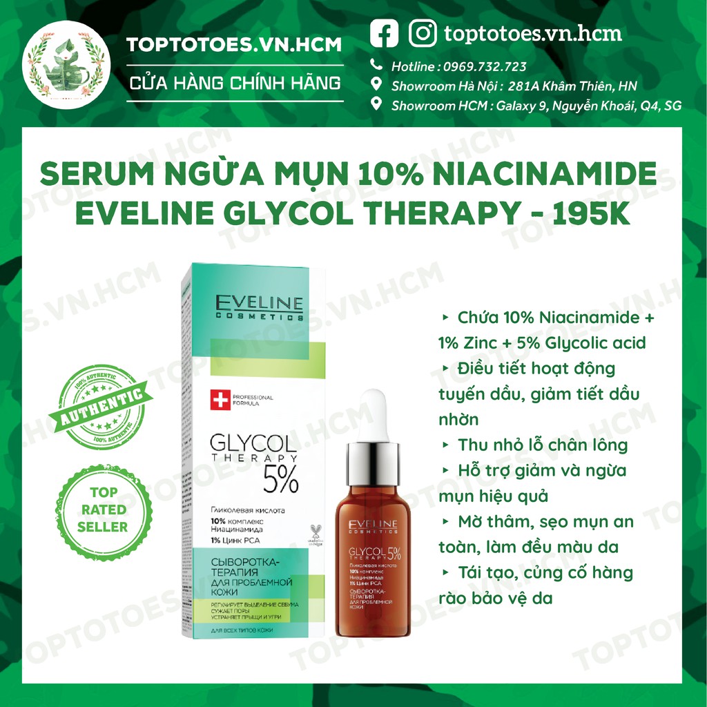 Serum Eveline Glycol Therapy 10% Niacinamide ngừa mụn, mờ thâm, giảm dầu nhờn cho da láng bóng, đều màu