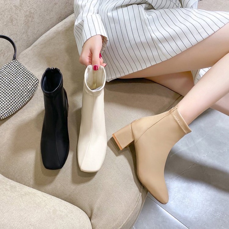 Bốt da nữ công sở cổ lửng khoá sau Cao Cấp AA22 - giày boots nữ cao gót da mềm