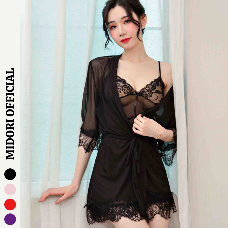 Váy ngủ sexy gợi cảm MIDORI chất ren voan cao cấp gồm áo 2 dây và áo choàng xuyên thấu freesize KL01- Đồ ngủ nữ