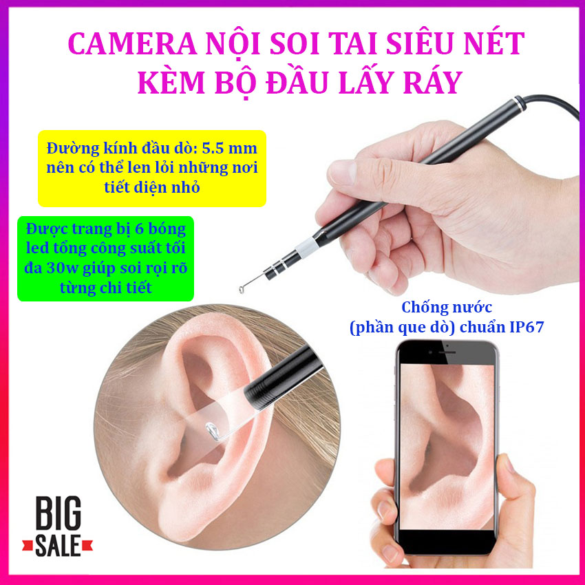 Lấy Ráy Tai có đèn kèm Camera soi tại nhà, Cây Móc Lỗ Tai - Thiết kế Thông Minh, Nhỏ Gọn, Chống nước (phần que dò)