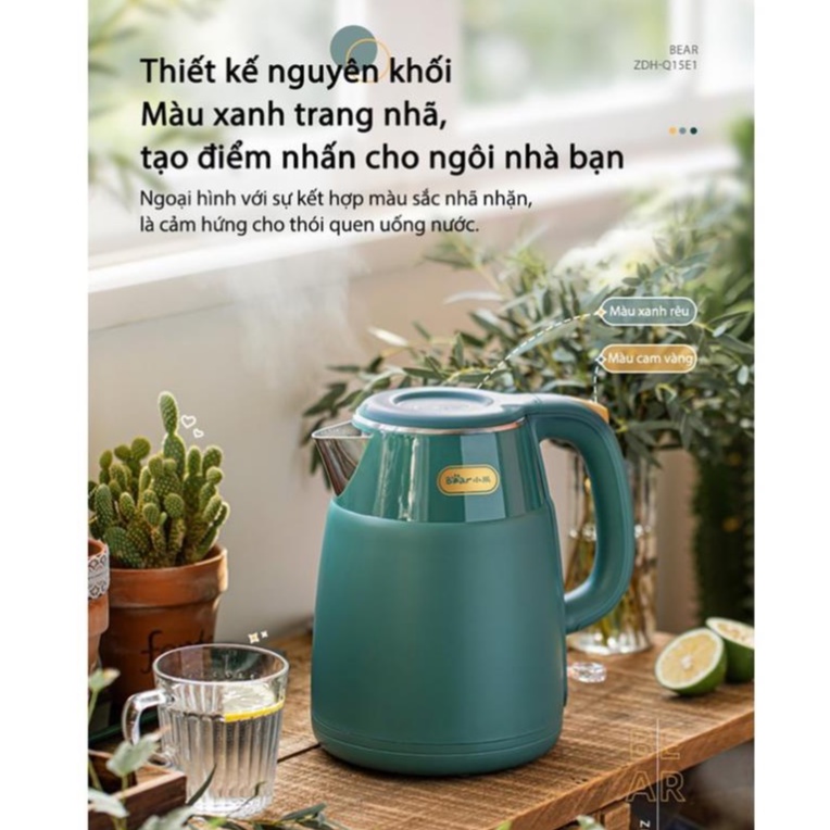Ấm bình đun nước siêu tốc Bear ZDH-D17K2 1,7L, công suất 1800W, 2 lớp cách nhiệt chống bỏng, Hàng Chính Hãng,BH 12 tháng