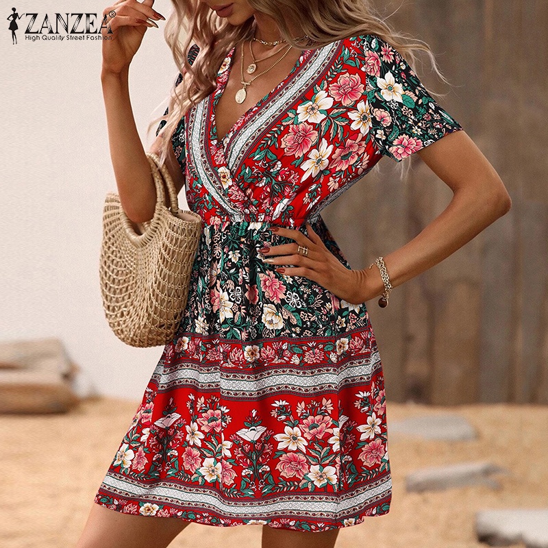 Đầm nữ Zanzea ngắn tay cổ chữ v form rộng thời trang