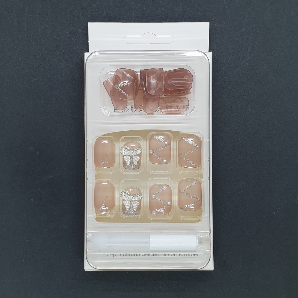 Móng tay giả ngắn đính nơ nhũ xéo sang chảnh  💖 SẴN KEO DÁN 💖