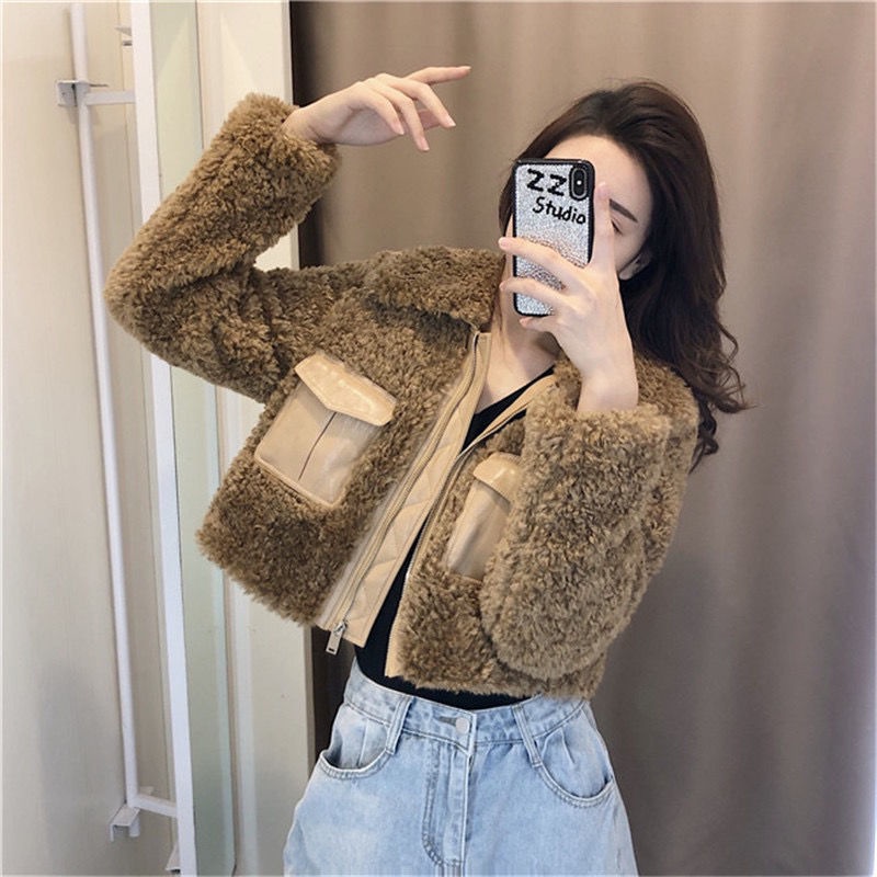 Lamb wool coat female autumn winter 2021 new style fur all-in-one short-style furry blouse is plush and thickened